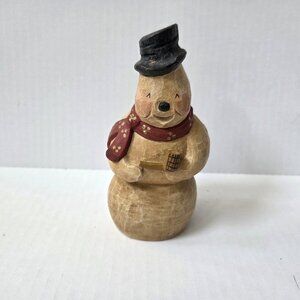 James Haddon Hand Carved Wood Snowman Top Hat Pipe Folk Art Figure Signed